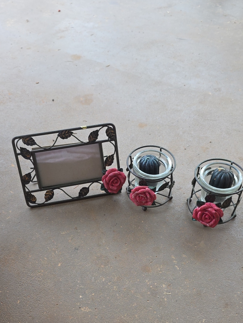 Unbranded Black Metal Floral Photo Frame and Votive Set with Pink Rose Accents